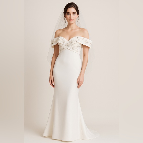 Badgley Mischka White Beaded Off-Shoulder Wedding Gown Size 4 | NWT - Picture 1 of 16